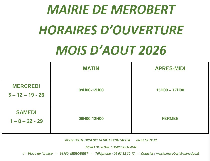 [INFO MAIRIE] Horaires d'ouverture pour le mois d'août 2026