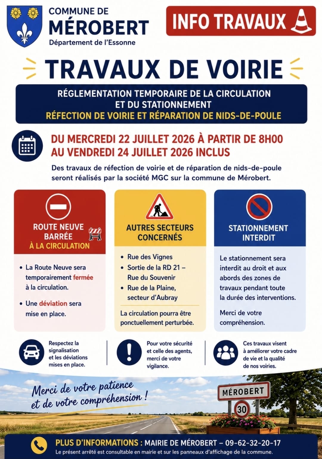INFO TRAVAUX : 22-24 Juillet 2026 - Réfection de la voirie