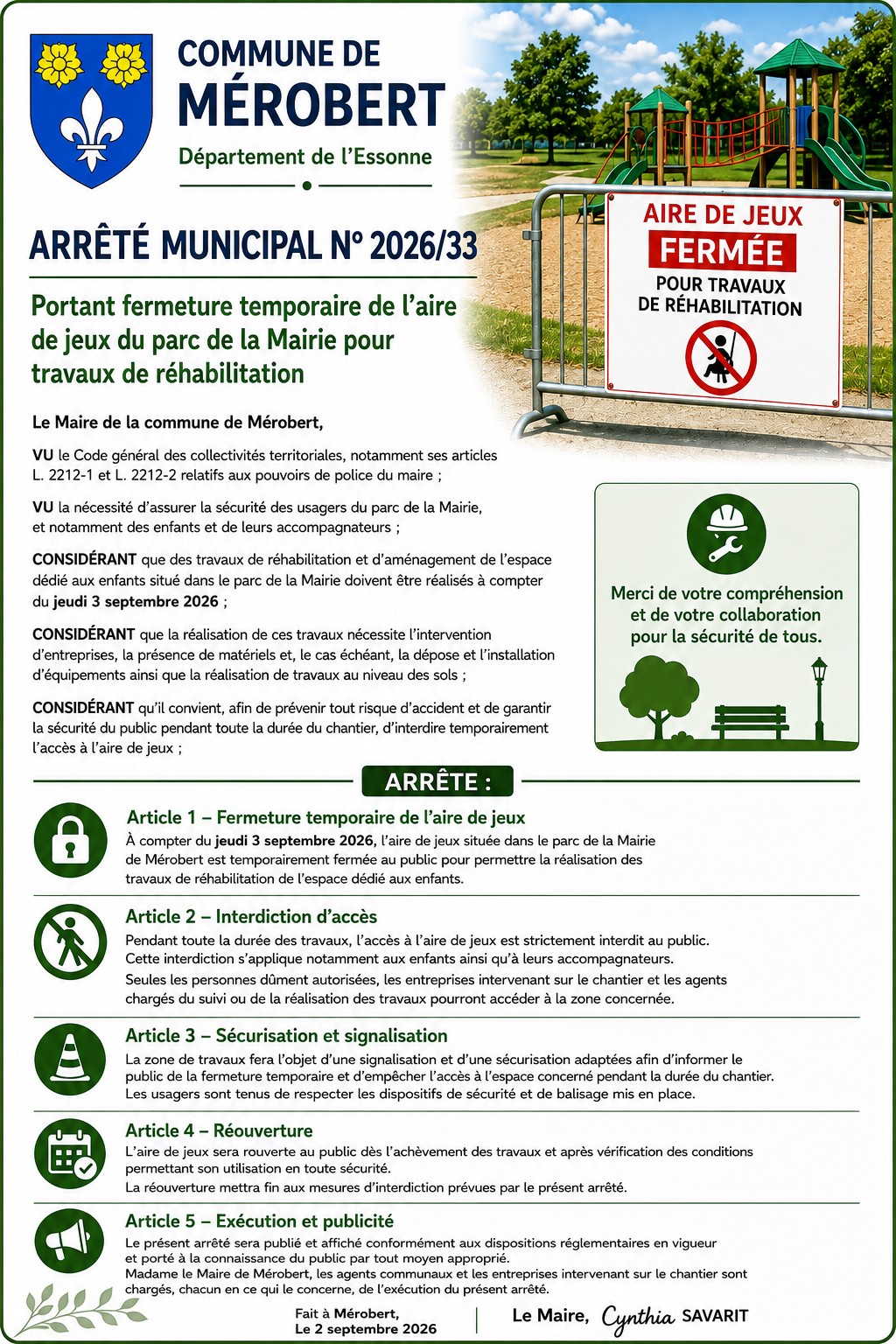 Arrété municipal - Travaux aire de jeux parc de la mairie